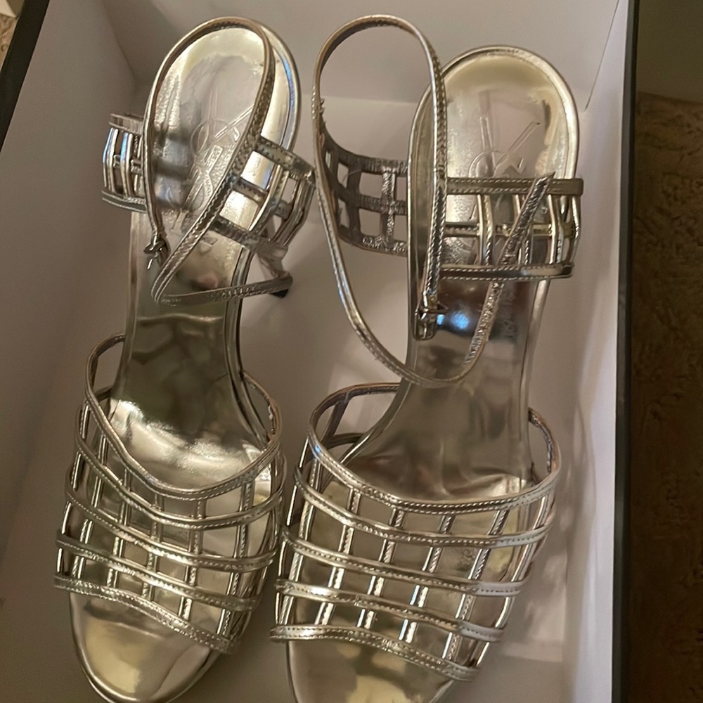 YSL strappy silver platform open toe heels size 39